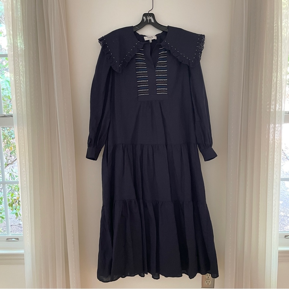 Sea NY Navy Long Sleeve Maxi Dress with pockets